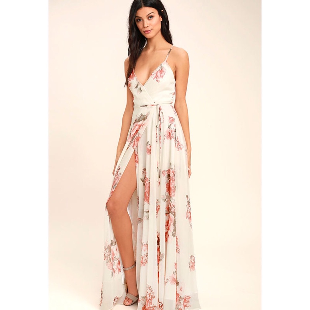 LULU’S ELEGANTLY INCLINED CREAM FLORAL PRINT DRESS